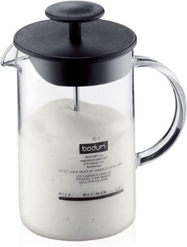 Bodum Latteo Glass Milk Frother with Handle and Black Lid, 8 Ounce